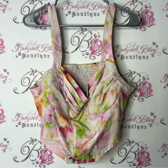 SHEIN Curve Multicolor Pleated Top bustier crop style watercolour flowers - Picture 1 of 6